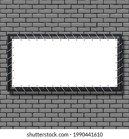 Mockup with empty white stretch ad banner on brick wall background. Billboard template for advertising. Vector Illustration
