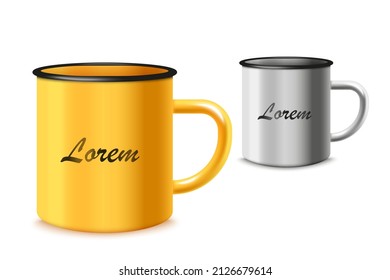 Mockup of enamel mug photorealistic with place for branding identity, realistic vector illustration isolated on white background. Enamel cup or mug template.