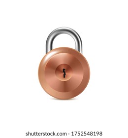 Mockup of fastened round brass padlock or lock icon, 3d realistic vector illustration isolated on white background. Safety and secure private access sign for web.