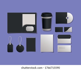 Mockup file mug cd cards envelopes notebook and labels design of corporate identity template and branding theme Vector illustration