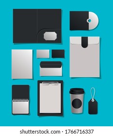 Mockup file mug cd cards envelopes notebook and label design of corporate identity template and branding theme Vector illustration