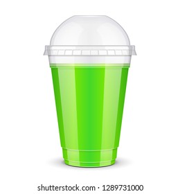 Mockup Filled Disposable Plastic Cup With Lid. Cucumber, Watercress, Lime, Mint Celery Fresh Drink. Green Juice. Transparent. Illustration Isolated On White Background Mock Up Template 