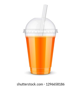 Mockup Filled Disposable Plastic Cup With Lid And Straw. Orange, Apricot, Mango, Melon, Fresh Drink. Yellow, Orange Juice. Transparent. Illustration Isolated On White Background Mock Up Template  svg
