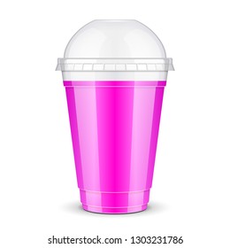 Mockup Filled Disposable Plastic Cup With Lid. Pink, Violet Strawberries, Raspberries or Cherry Fresh Drink Juice. Transparent. Illustration Isolated On White Background Mock Up Template 