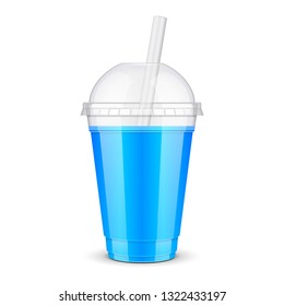 Mockup Filled Disposable Plastic Cup With Lid And Straw. Blueberry Fresh Drink. Blue Juice. Transparent. Illustration Isolated On White Background Mock Up Template 