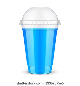 Mockup Filled Disposable Plastic Cup With Lid. Blueberry Fresh Drink. Blue Juice. Transparent. Illustration Isolated On White Background Mock Up Template 