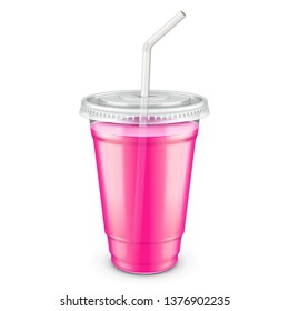  Mockup Filled Disposable Plastic Cup With Lid And Straw. Pink, Violet Strawberries, Raspberries or Cherry Fresh Drink Juice. Transparent. Illustration Isolated On White Background Mock Up Template 