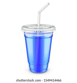 Mockup Filled Disposable Plastic Cup With Lid And Straw. Blueberry Fresh Drink. Blue Juice. Transparent. Illustration Isolated On White Background Mock Up Template 