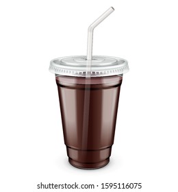 Mockup Filled Disposable Plastic Cup With Lid And Straw. Coffee, Java, Tea, Cappuccino, Chocolate, Cola Fresh Drink Juice. Transparent. Illustration Isolated On White Background Mock Up Template.