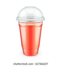 Mockup Filled Disposable Plastic Cup With Lid. Tomato, Strawberries, Raspberries or Cherry Fresh Drink Juice. Transparent. Illustration Isolated On White Background Mock Up Template.