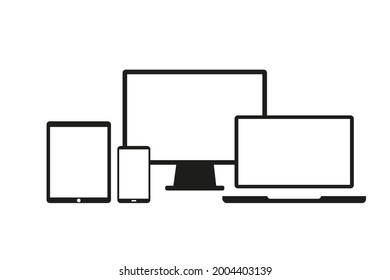 Mockup.Set of flat device icons isolated on white background. Smartphone, tablet, laptop and desktop computer. Modern gadgets mockup with blank displays. Vector graphics