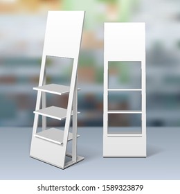 Mockup Floor Display Rack For Supermarket. Blank Empty Displays With Shelves. 3D Mock Up, Template Isolated On Realistic Background Shop, Mall. Product Advertising. Vector EPS10