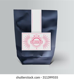 Mockup Foil Food Snack pack For Chips, Spices, Coffee, Salt, and other products. Plastic Pack Template for your design and branding. Vector. Realistic packaging with label and typography