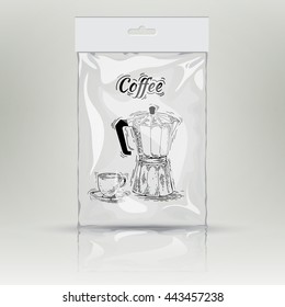 Mockup foil pack for coffee. Foil snack pack on grey background for your design and branding