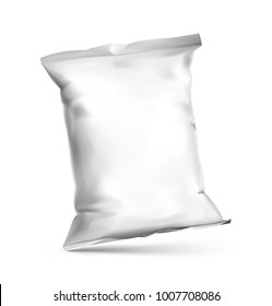 Mockup of food chips pillow bag isolated on white background. Vector illustration ready and simple to use for your design. The mock-up will make the presentation look as realistic as possible.