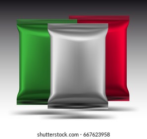 Mockup of food pillow bags on gray background. Vector illustration. Can be use for template your design, promo, adv.