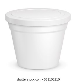 Mockup Food Plastic Tub Bucket Container For Dessert, Yogurt, Ice Cream, Sour Cream. Illustration Isolated On White Background. Mock Up Template Ready For Your Design. Product Packing Vector EPS10