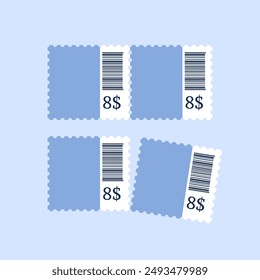 Mockup von vier leeren Abreißbriefmarken mit zickzackförmigen Lockenrändern im vertikalen Format mit Barcodes und Preis. Vektorgrafik moderne Illustration für Website Design, mobile Anwendungen.