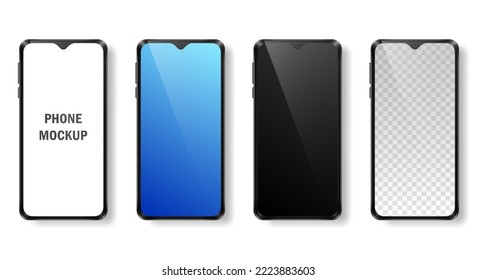 Mockup of four realistic phones with black frame and dark, blue gradient, white and transparent screens. Modern devices, mobile phones isolated on white background. Vector template for advertisement