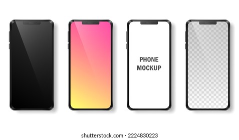 Mockup of four realistic phones with black frame and dark, gradient, white and transparent screens. Modern devices, mobile phones isolated on white background. Vector template for advertisement