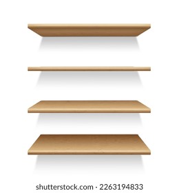 Mock-up of four wooden shelves on the wall, in perspective. Shelving for storage, template for advertising. Isolated on white background vector