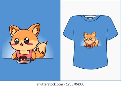 Mockup fox with cake cartoon illustration