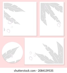 Mockup frames on a pink light background with tropical leaves and abstract figures in fashionable colors. A set of creative vector cover design for stories, social media posts, photos, editable backg