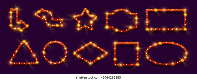 Mockup frames with red border, retro signboards with light bulbs. Vector circus or casino banners in shape of pointing arrows, stars and rectangles, triangles and rhombuses, circles and ovals