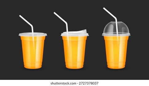 Maqueta de jugo de frutas en taza de plástico transparente. Vidrio con tapa plana Tapa de la cúpula Tubo de paja con tapa deslizante. Agua naranja para el diseño de la bebida menú cafetería o restaurantes. Colección que empaqueta la bebida Vector realista 3D.