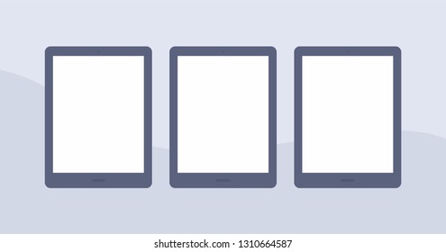 Mockup Gadget and Device Black and White Icons set in Flat Design Style on a Grey Background. Three Tablet Empty Screens Vector Illustration 
