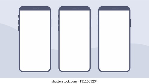 Mockup Gadget and Device Black and White Icons set in Flat Design Style on a Grey Background. Three Smartphone Empty Screens Vector Illustration 
