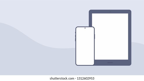 Mockup Gadget and Device Black and White Icons set in Flat Design Style on a Grey Background. Smartphone  and Tablet Empty Screens Vector Illustration 
