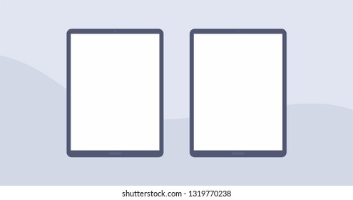 Mockup Gadget and Device Black and White Icons set in Flat Design Style on a Grey Background. Two Tablet Empty Screens Vector Illustration 
