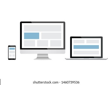 Mockup Gadget And Device. Responsive Design For Website. Computer Screen, Laptop, Smartphone Icons Set.