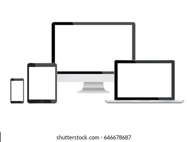 Mockup gadget and device: smartphones, tablets, laptops and computer monitors black color with blank screen isolated on white background. stock vector illustration eps10