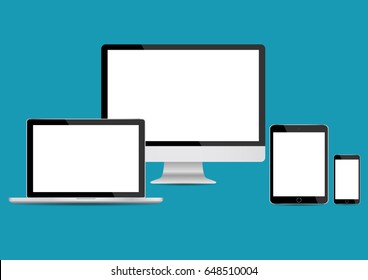 Mockup gadget and device: smartphones, tablets, laptops and computer monitors black color with blank screen isolated on blue background. stock vector illustration eps10