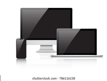 Mockup gadget and device: smartphones, tablets, laptops and computer monitors black color with blank screen isolated on white background. stock vector illustration eps10