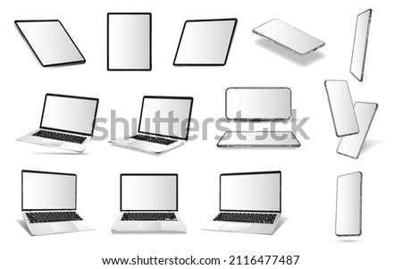 Mockup gadgets - smartphone, laptop, tablet with blank screen. 3D realistic gadgets in perspective, frontal, isometric view. Vector collection gadgets and devices. Mockup 3D cell phone, laptop, tablet