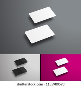 Mockup  gift or bank cards in perspective hovering over different backgrounds. A realistic template with shades of black and white.