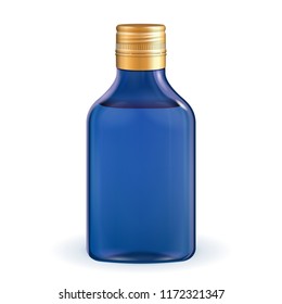 Mockup Glass Blue Bottle. Whiskey, Brandy, Cognac. Aluminium Ropp Cap. Medical Or Alcohol. Illustration Isolated On White Background. Mock Up, Template.