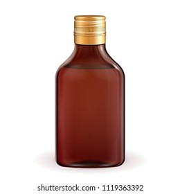 Mockup Glass Brown Bottle. Whiskey, Brandy, Cognac. Aluminium Ropp Cap. Medical Or Alcohol. Illustration Isolated On White Background. Mock Up, Template.