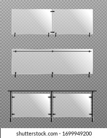 Mockup of glass or plexiglass fence sections set with handrails, realistic vector illustration isolated on grey background. Building balcony or terrace fencing.