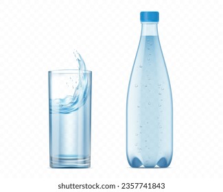 Mockup glass with water and bottle. Template isolated on transparent background. vector illustration