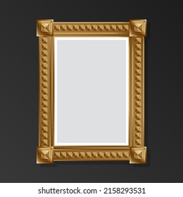 Se burla de una foto dorada vacía en un fondo negro. Estilo plano. Ilustración del vector