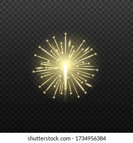 Mockup of golden firework explosion element, realistic vector illustration isolated on transparent background. Holiday and celebration event illumination sparkling flash.