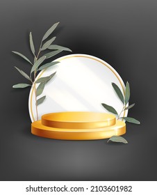 Mockup of golden two-stage round podium on a black background with eucalyptus leaves. Realistic 3d vector illustration of pedestal. Empty base for product presentation, award ceremony, trophy