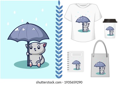 Mockup, gray cat under the umbrella