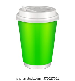 Mockup Green Blank Disposable Paper Cup With Lid. Container For Cold Or Hot Drink Coffee, Java, Tea, Cappuccino. Illustration Isolated On White Background. Mock Up Template Ready For Your Design.
