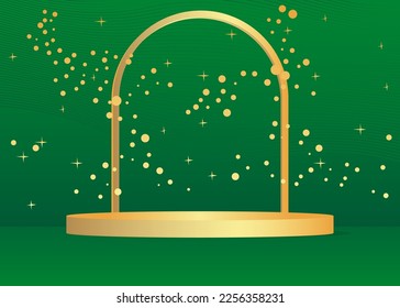 Mockup Green and Gold product display. Abstract vector 3D room, futuristic cylinder pedestal podium. Stage showcase for presentation. Sci-fi geometric forms, empty scene.