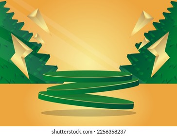Mockup Green and Gold product display. Abstract vector 3D room, futuristic cylinder pedestal podium. Stage showcase for presentation. Sci-fi geometric forms, empty scene.